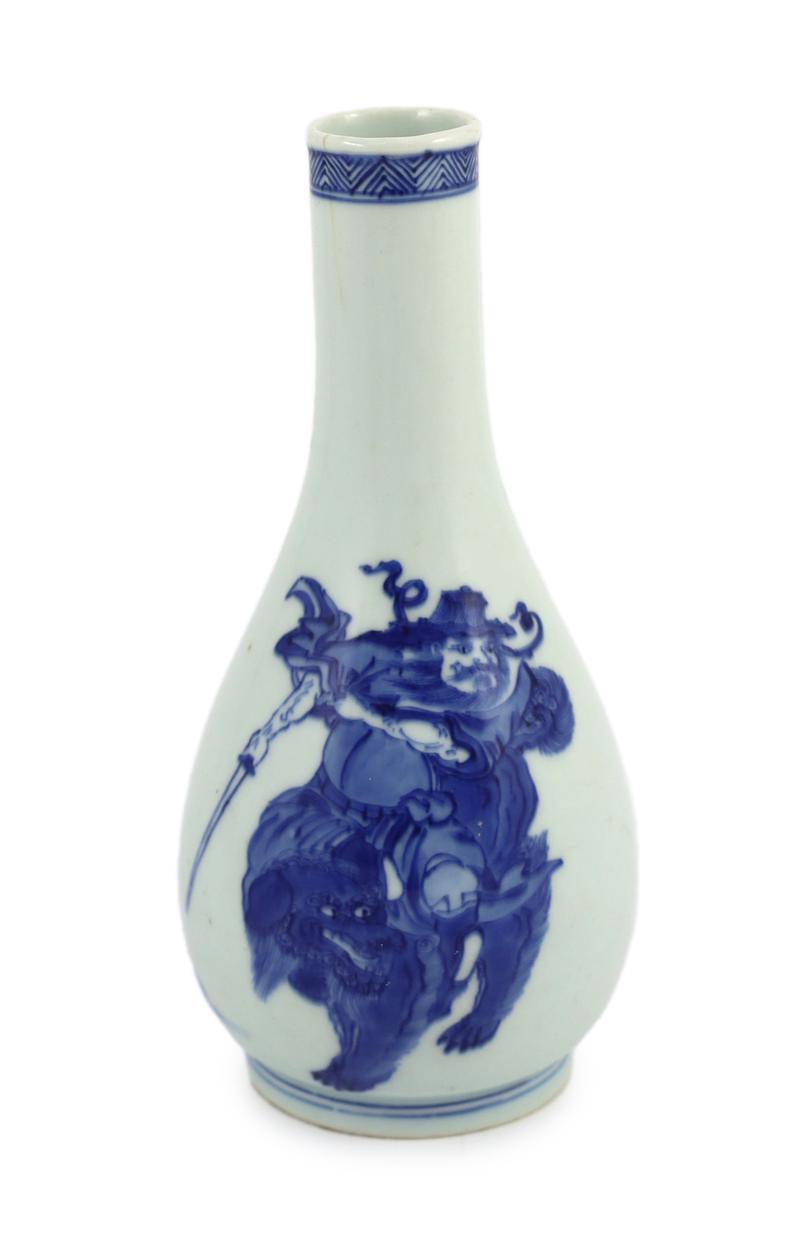 A Chinese blue and white ‘Zhong Kui’ inscribed bottle vase, early Kangxi period, hairline cracks to neck and inside edge of foot